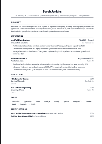 Modern ATS resume template for freshers